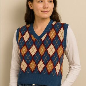 Cropped Argyle Sweater Vest – Blue & Brown Preppy Style (M)